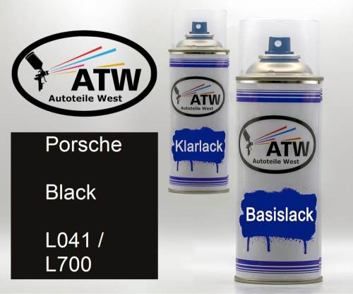 Porsche, Black, L041 / L700: 400ml Sprühdose + 400ml Klarlack - Set, von ATW Autoteile West.
